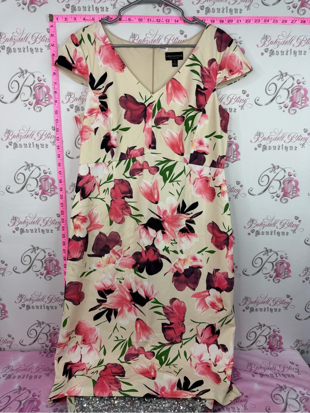 connected apparel Cream Floral V-Neck Midi Dress with Pink and Burgundy Blooms